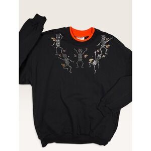 New Black Halloween Dancing Skeleton Rhinestone Sweatshirt Black Liberty Lane L